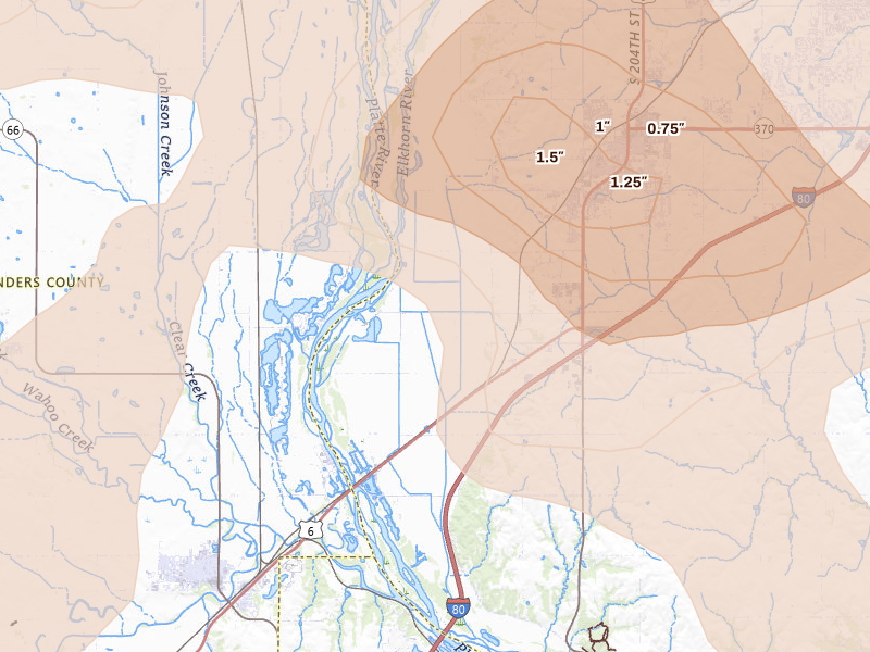 Radar-estimated hail-size map of the storm over Gretna, NE on Jul 3, 2026