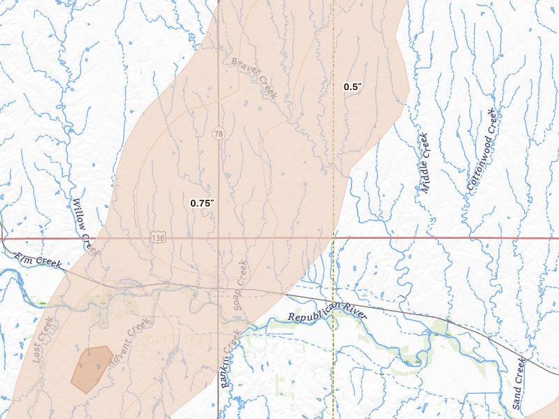 Radar-estimated hail-size map of the storm over Guide Rock, NE on May 17, 2026