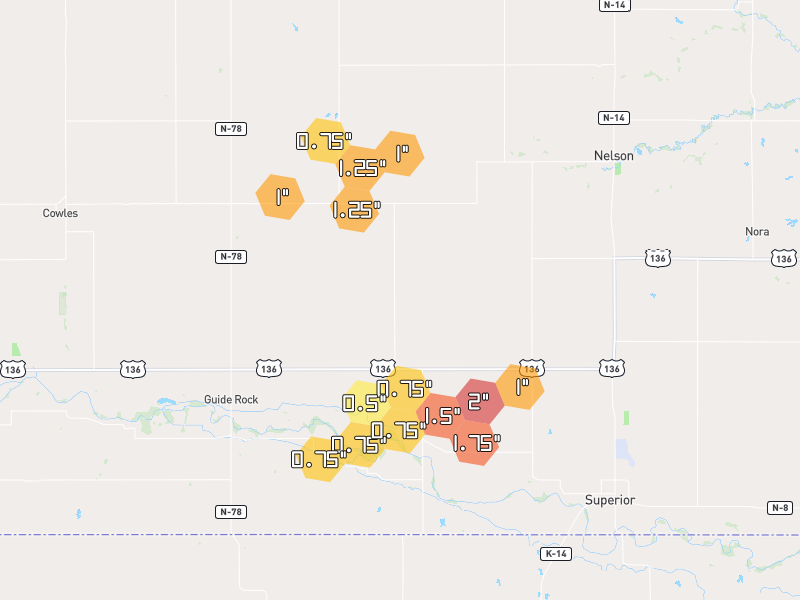 Hail map of Guide Rock, NE on Jul 4, 2026, hail up to 2"