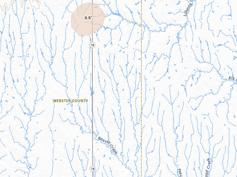 Radar-estimated hail-size map of the storm over Guide Rock, NE on Jul 27, 2026