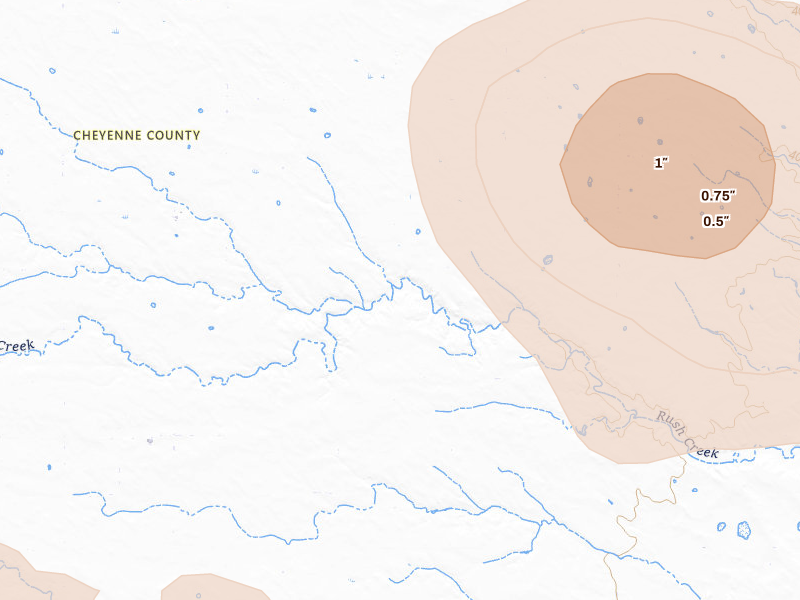 Radar-estimated hail-size map of the storm over Gurley, NE on Jun 4, 2026