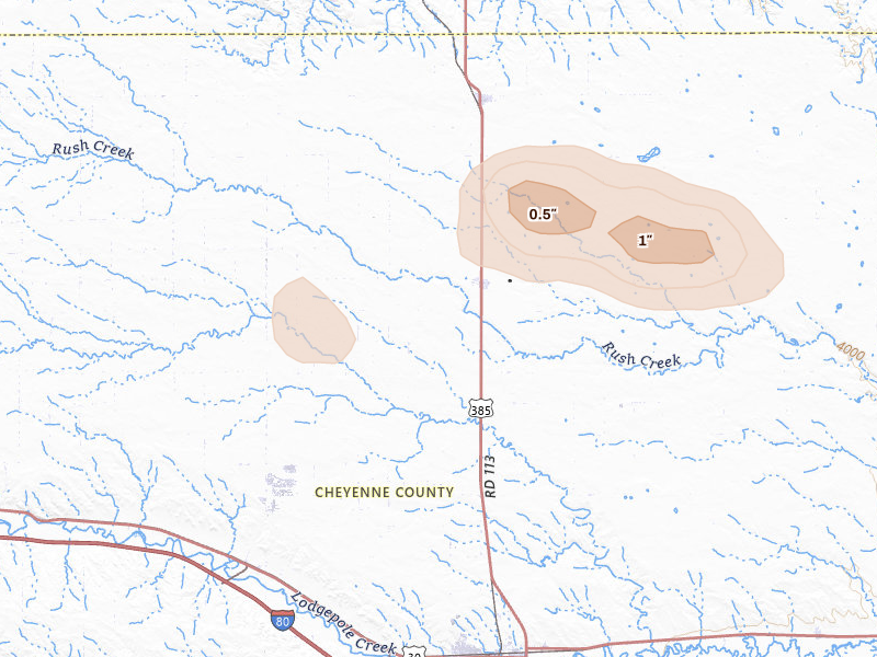 Radar-estimated hail-size map of the storm over Gurley, NE on Aug 25, 2026
