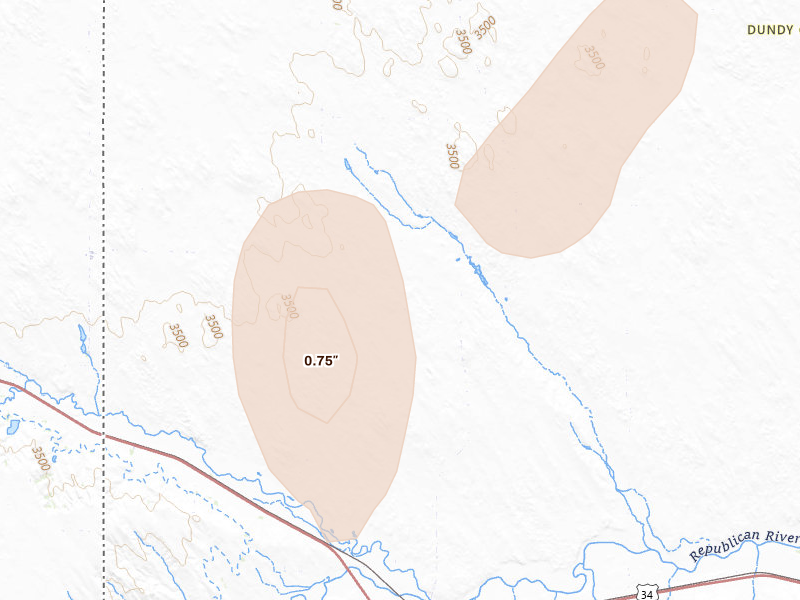 Radar-estimated hail-size map of the storm over Haigler, NE on May 16, 2026