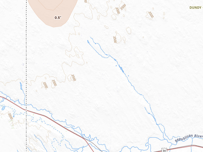 Radar-estimated hail-size map of the storm over Haigler, NE on May 30, 2026