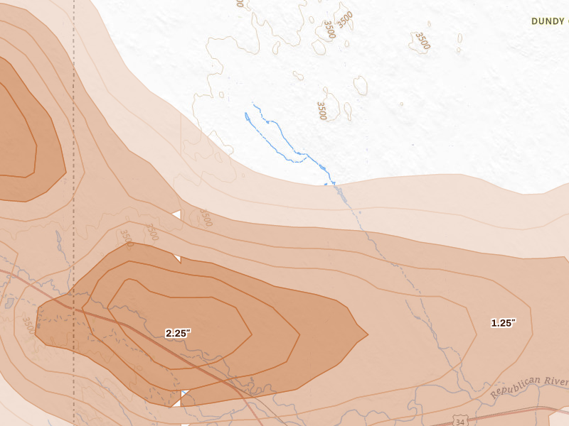 Radar-estimated hail-size map of the storm over Haigler, NE on Jun 20, 2026
