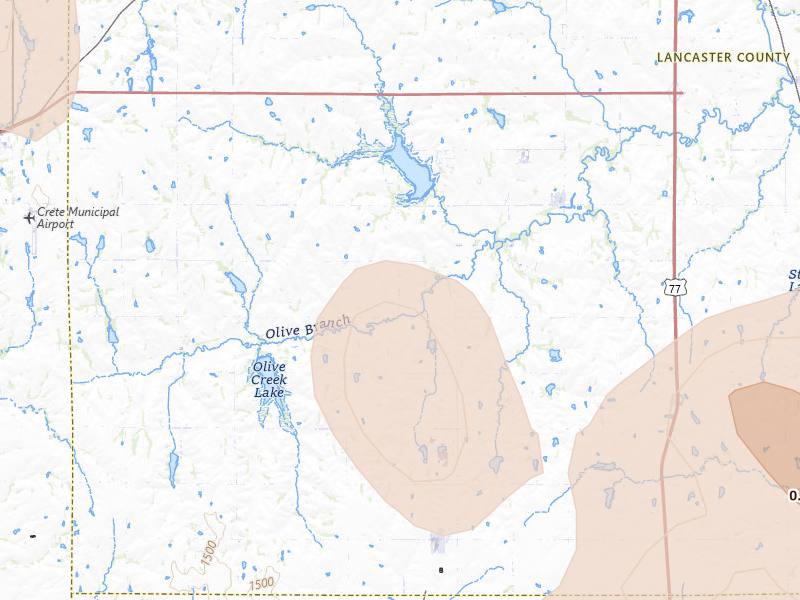 Radar-estimated hail-size map of the storm over Hallam, NE on Jun 5, 2026