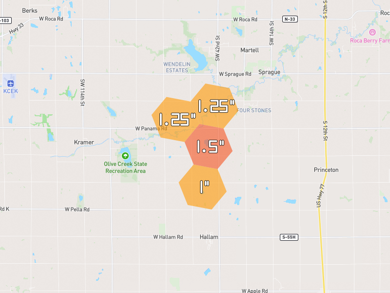 Hail map of Hallam, NE on Jun 6, 2026, hail up to 1.5"