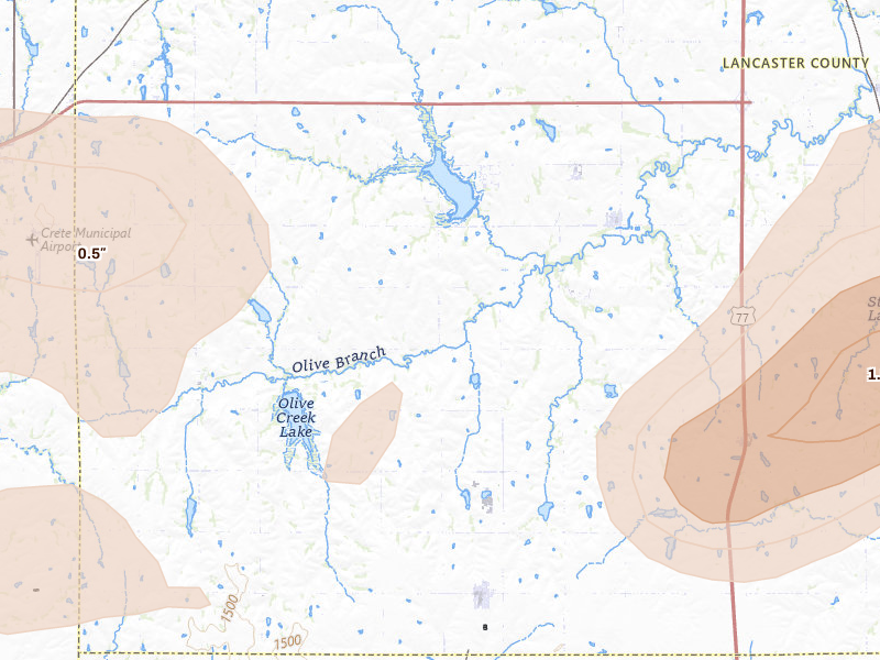 Radar-estimated hail-size map of the storm over Hallam, NE on Jul 3, 2026