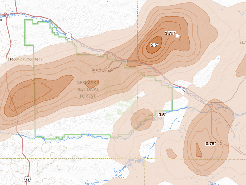 Radar-estimated hail-size map of the storm over Halsey, NE on Jun 9, 2026