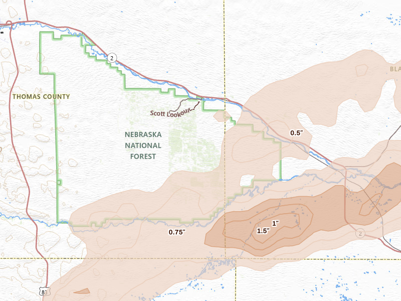 Radar-estimated hail-size map of the storm over Halsey, NE on Jun 12, 2026