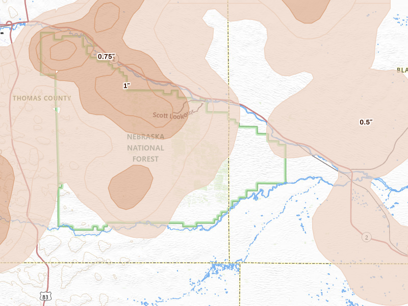 Radar-estimated hail-size map of the storm over Halsey, NE on Jul 27, 2026