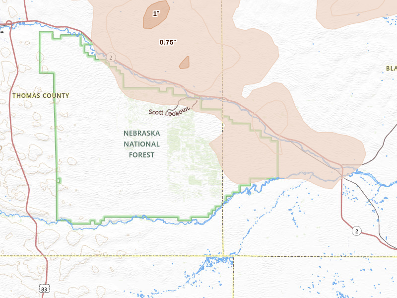 Radar-estimated hail-size map of the storm over Halsey, NE on Jul 30, 2026