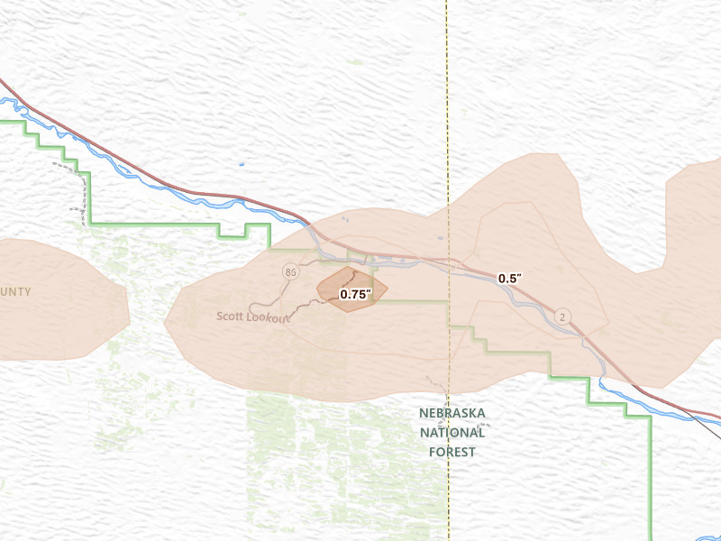 Radar-estimated hail-size map of the storm over Halsey, NE on Aug 3, 2026