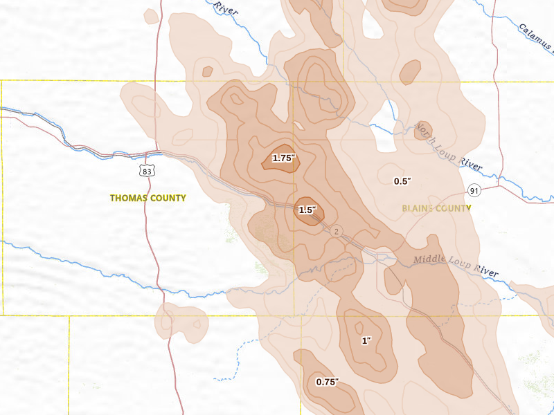 Radar-estimated hail-size map of the storm over Halsey, NE on Aug 20, 2026