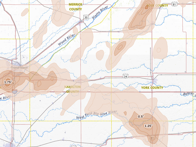 Radar-estimated hail-size map of the storm over Hampton, NE on May 16, 2026
