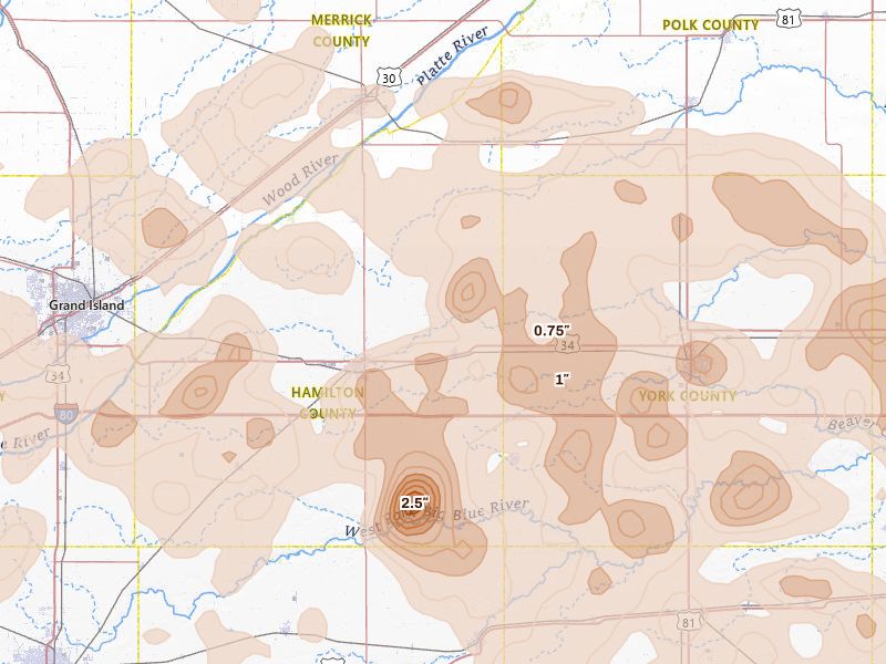 Radar-estimated hail-size map of the storm over Hampton, NE on Jun 5, 2026