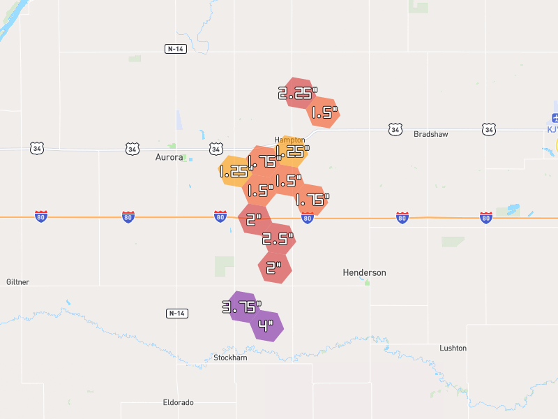 Hail map of Hampton, NE on Jun 6, 2026, hail up to 4"