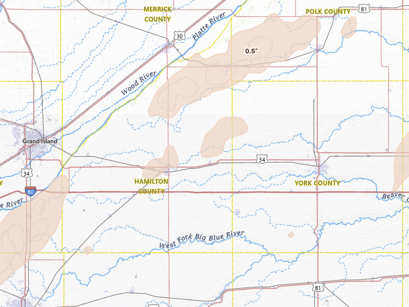Radar-estimated hail-size map of the storm over Hampton, NE on Jun 9, 2026