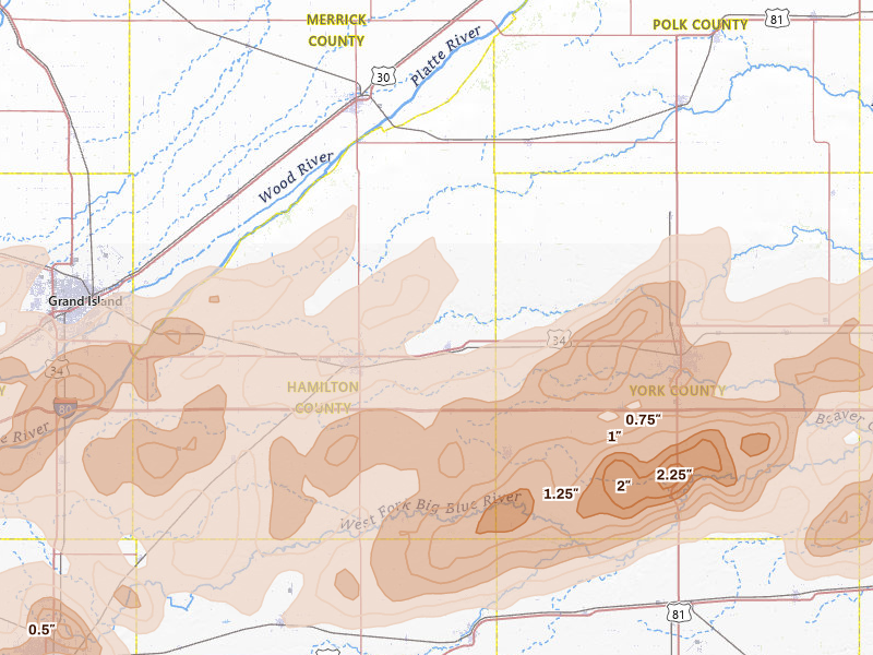 Radar-estimated hail-size map of the storm over Hampton, NE on Jun 10, 2026