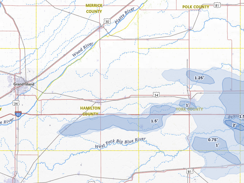 NEXRAD radar-signature map of the hail storm over Hampton, NE on Jul 3, 2026