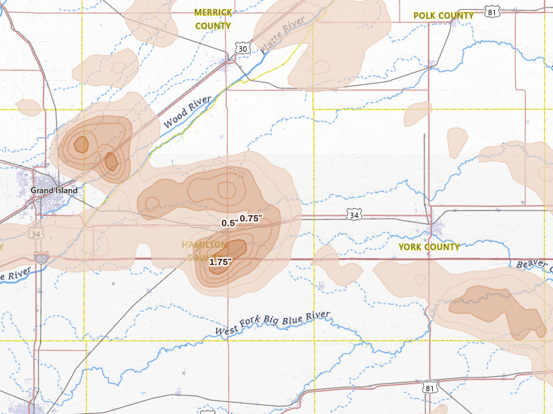 Radar-estimated hail-size map of the storm over Hampton, NE on Jul 8, 2026