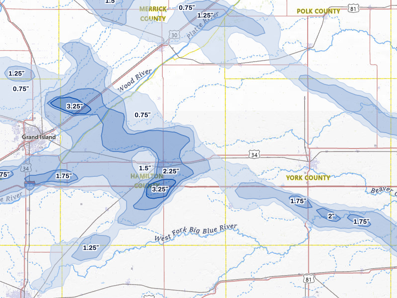 NEXRAD radar-signature map of the hail storm over Hampton, NE on Jul 8, 2026