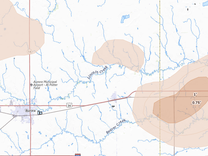 Radar-estimated hail-size map of the storm over Hampton, NE on Aug 8, 2026
