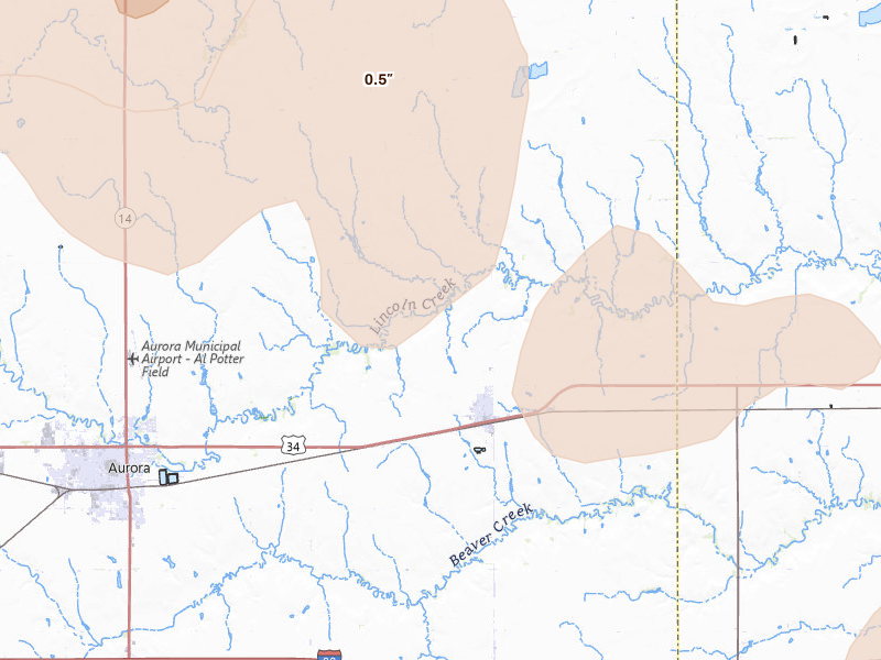 Radar-estimated hail-size map of the storm over Hampton, NE on Aug 17, 2026