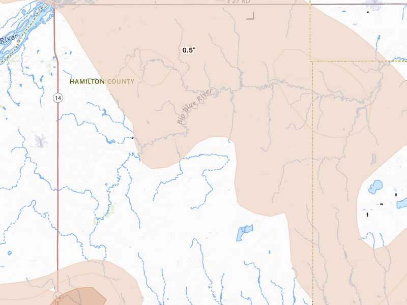Radar-estimated hail-size map of the storm over Hampton, NE on Aug 19, 2026
