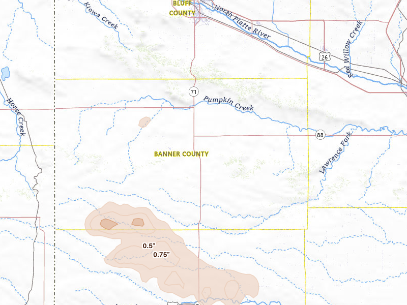 Radar-estimated hail-size map of the storm over Harrisburg, NE on May 21, 2026
