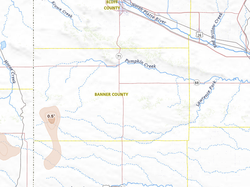 Radar-estimated hail-size map of the storm over Harrisburg, NE on May 30, 2026