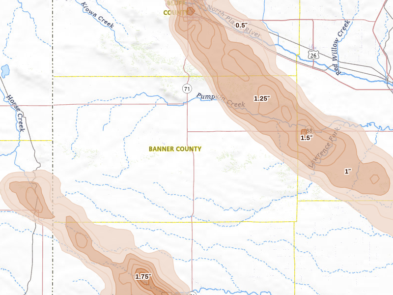 Radar-estimated hail-size map of the storm over Harrisburg, NE on Jun 22, 2026