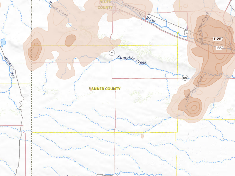 Radar-estimated hail-size map of the storm over Harrisburg, NE on Jun 26, 2026