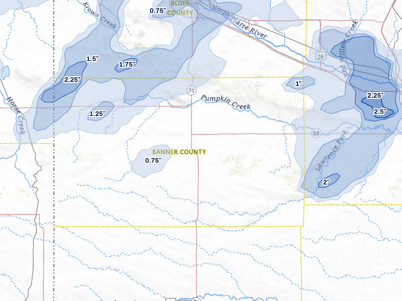 NEXRAD radar-signature map of the hail storm over Harrisburg, NE on Jun 26, 2026