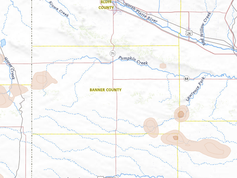 Radar-estimated hail-size map of the storm over Harrisburg, NE on Jul 8, 2026