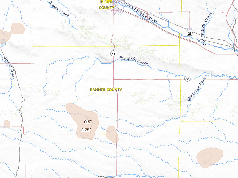 Radar-estimated hail-size map of the storm over Harrisburg, NE on Jul 9, 2026