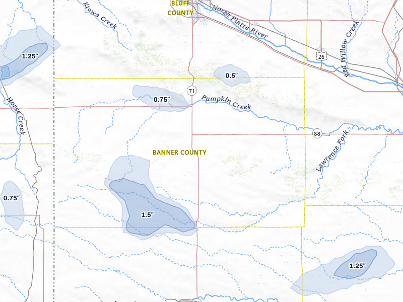 NEXRAD radar-signature map of the hail storm over Harrisburg, NE on Jul 9, 2026