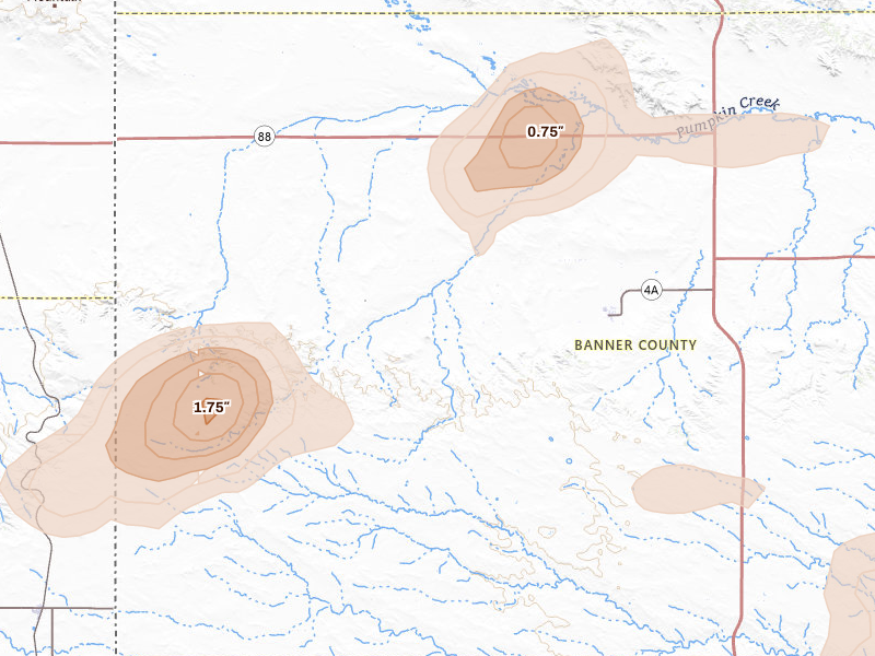 Radar-estimated hail-size map of the storm over Harrisburg, NE on Aug 16, 2026
