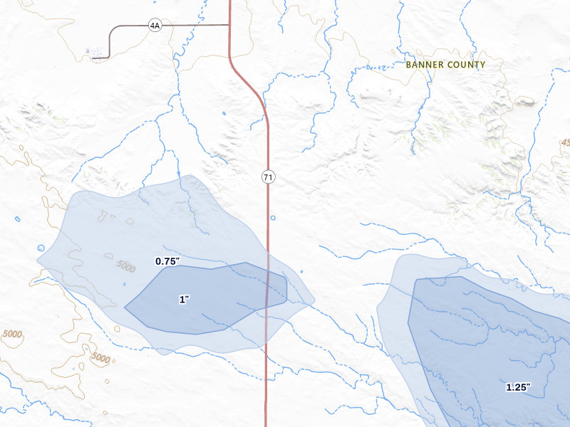 NEXRAD radar-signature map of the hail storm over Harrisburg, NE on Aug 16, 2026