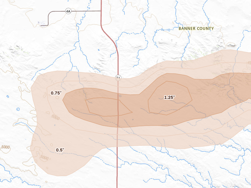 Radar-estimated hail-size map of the storm over Harrisburg, NE on Aug 25, 2026