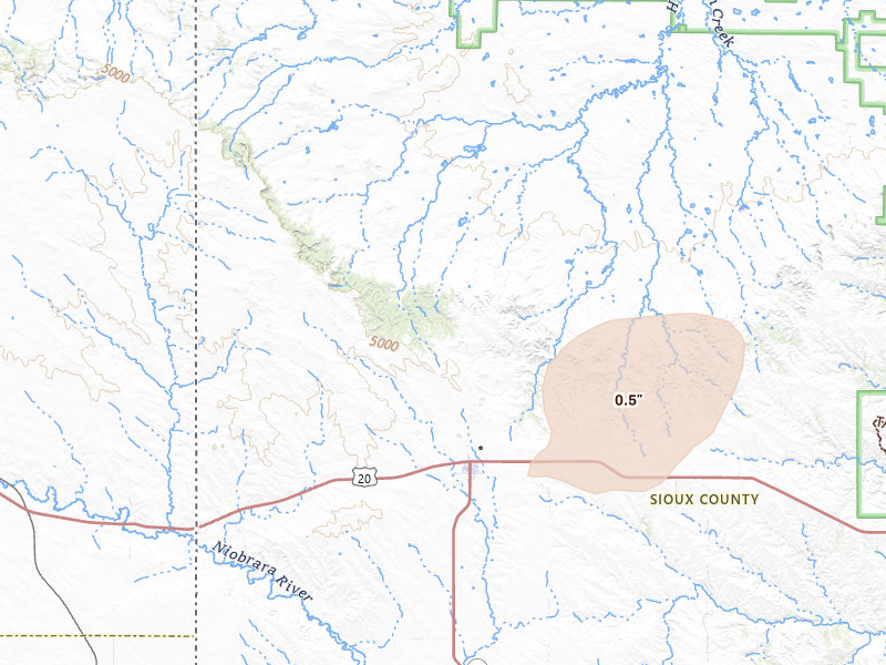 Radar-estimated hail-size map of the storm over Harrison, NE on Jun 4, 2026