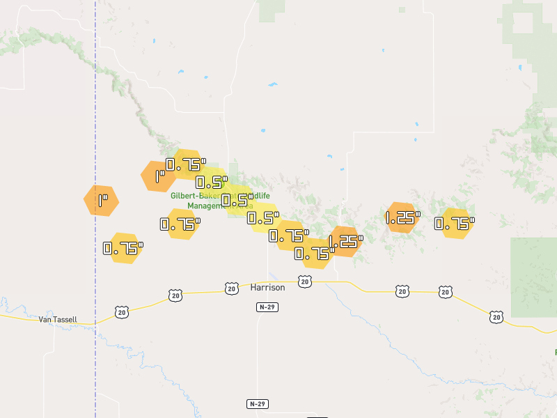Hail map of Harrison, NE on Jun 4, 2026, hail up to 1.25"