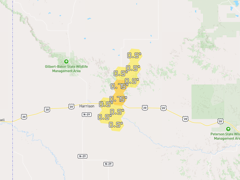 Hail map of Harrison, NE on Jun 6, 2026, hail up to 0.75"