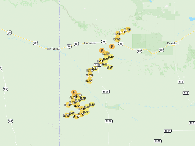 Hail map of Harrison, NE on Jun 7, 2026, hail up to 1"