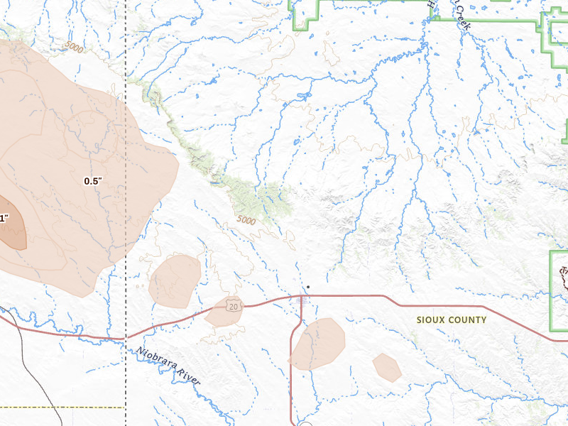 Radar-estimated hail-size map of the storm over Harrison, NE on Jun 22, 2026