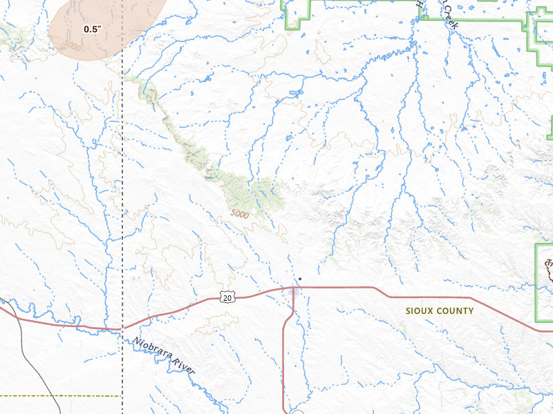 Radar-estimated hail-size map of the storm over Harrison, NE on Jun 26, 2026