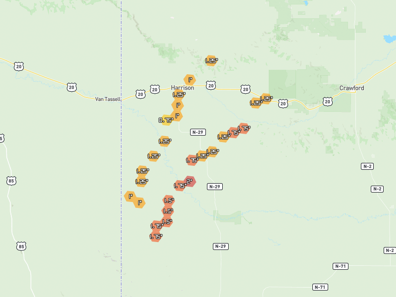 Hail map of Harrison, NE on Jun 29, 2026, hail up to 2"