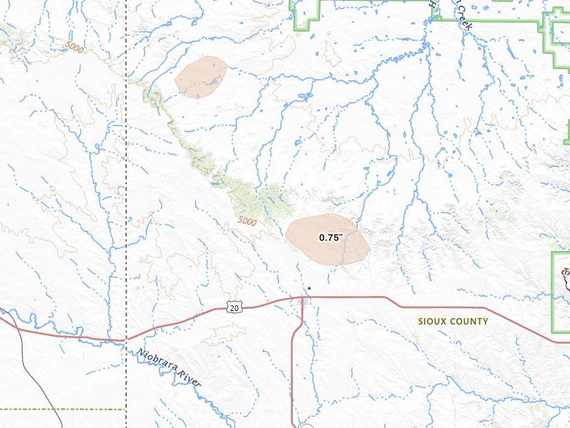Radar-estimated hail-size map of the storm over Harrison, NE on Jul 28, 2026