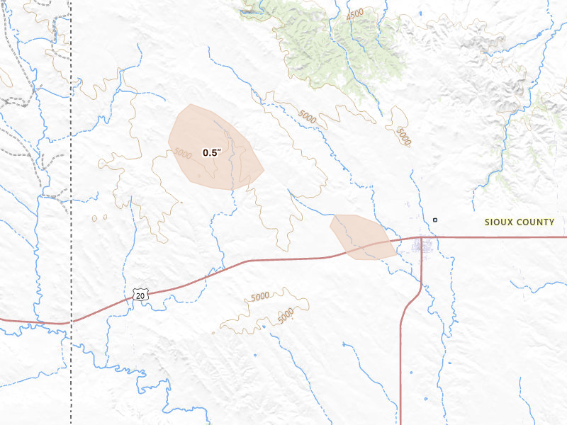 Radar-estimated hail-size map of the storm over Harrison, NE on Aug 16, 2026
