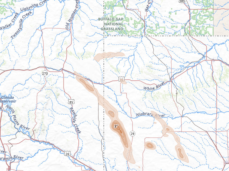 Radar-estimated hail-size map of the storm over Harrison, NE on Aug 25, 2026